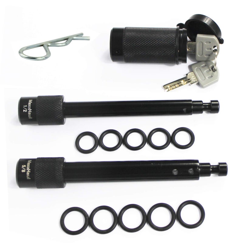 MaxxHaul 50151 Trailer Hitch Lock Pin Set 5/8 and 1/2 Inch with Locking System Anti-Rattle for 1-1/4" and 2" Class I,II,III,IV,V Hitches - Black Finish - Image 1